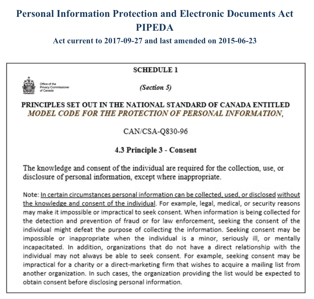 Personal Information Protection and Electronic Documents Act (PIPEDA) — Schedule 1, Section 5, Principle 3: Consent